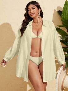 SHEIN X Sofía Suescun SHEIN Swim 大码女式单条纹纽扣长袖衬衫，度假沙滩上衣 - 杏色 - 查看 4