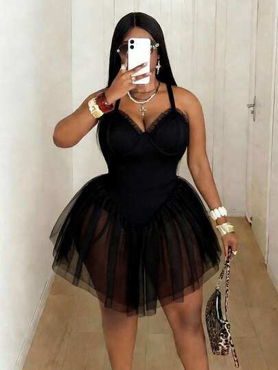 Maweii Plus Size Women's Spring/Summer New Year White Lace Sexy Hollow Out Tie Front Avant-Garde French Casual Young Elegant Fashion Elastic Knit Versatile Comfortable Undershirt Dress, Sexy Social Occasion Wear, Black Formal Dress, Young Elegant Sexy Patchwork Sexy Top, Sexy Holiday Outfit, White Blouse, White Jumpsuit, White Bra, Slim Fit High-End Transparent Off-Shoulder Fitted Solid Color Black See Through Dress Black Birthday Dress Slay Diva Dress Black Mesh Dr Sexy Birthday Dress Cute Black Dress