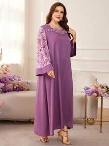 Al Najma Elegant Contrast Lace Flare Sleeve Dress, Spring/Summer - Multicolor - View 8