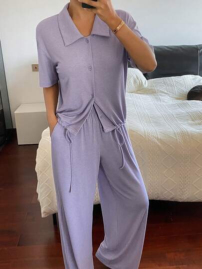 DAZY 简约纯色针织抽绳下摆女士家居服套装