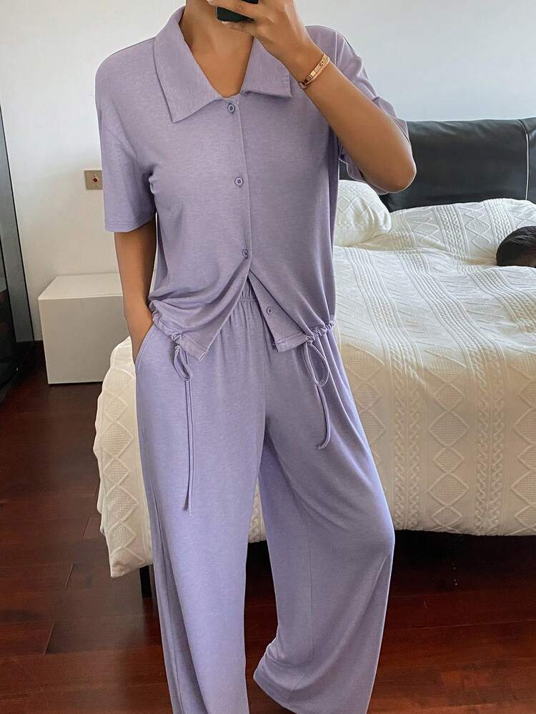 Simple Solid Color Knit Drawstring Hem Women Loungewear Set