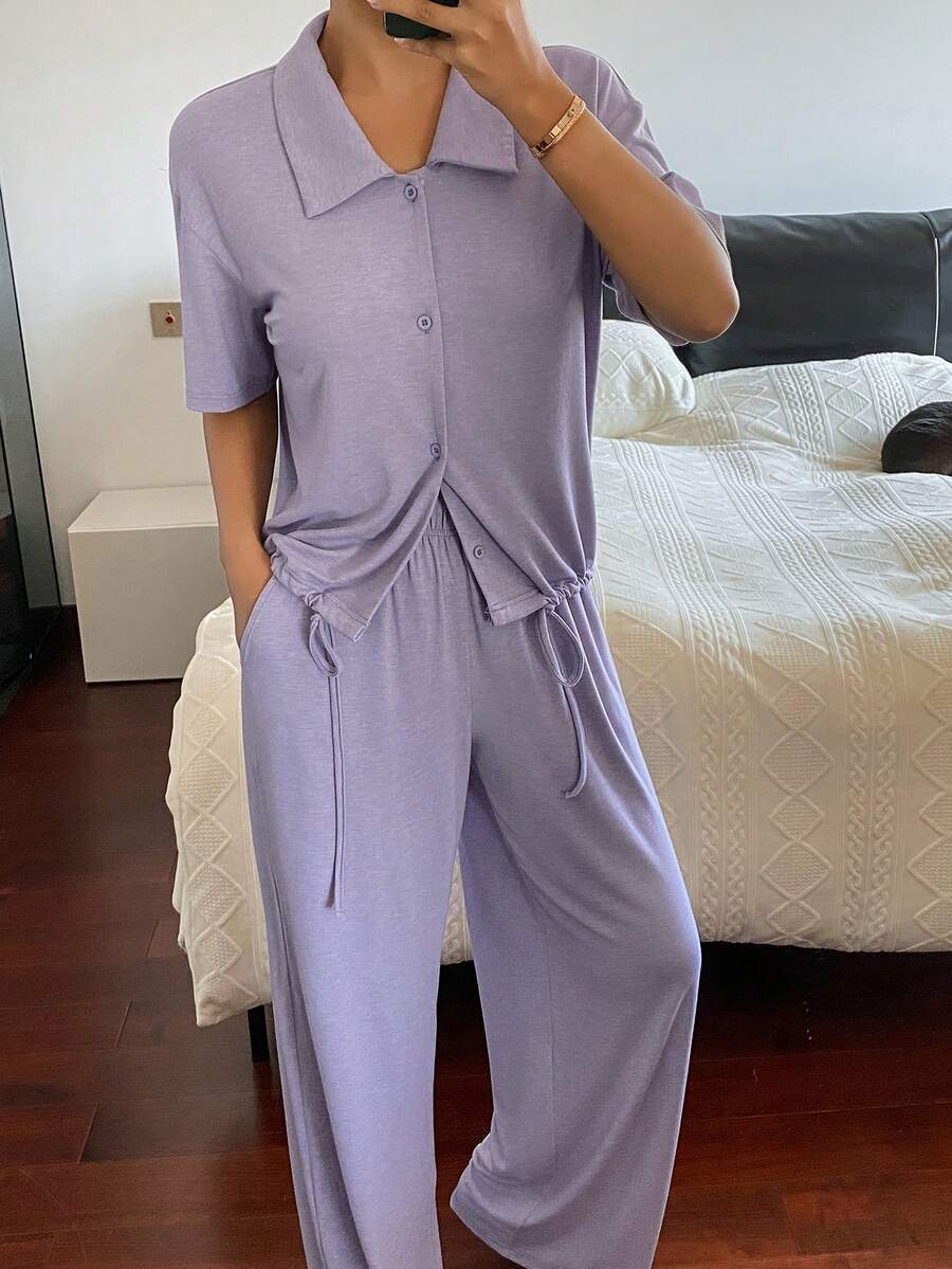 DAZY Ensemble de vêtements de détente pour femmes en tricot de couleur unie avec cordon de serrage à l'ourlet - Prune - Voir 1