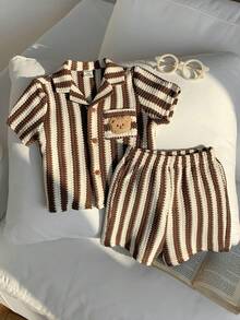 2pcs Baby Boy Cute Summer Casual Striped Knit Polo Shirt And Elastic Waist Shorts Set, Suitable For Birthday Party, Rave, Evening Party, Performance, Wedding, Baby Shower, Christening, 1st Birthday Celebration, Wedding Guest, Baby Shower Christening Outfit - Multicolor - View 6