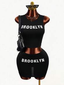 Mistrie Conjunto de 2 piezas de top de tirantes estampado y minifalda para mujer - Blanco y Negro - Ver 4