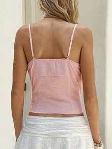 MainGRL Áo hai dây xếp ly màu hồng rách có nơ trang trí của SHEIN dành cho mùa xuân/hè, thích hợp cho nữ, đi biển hoặc đi nghỉ mát. - Hồng - Xem 2