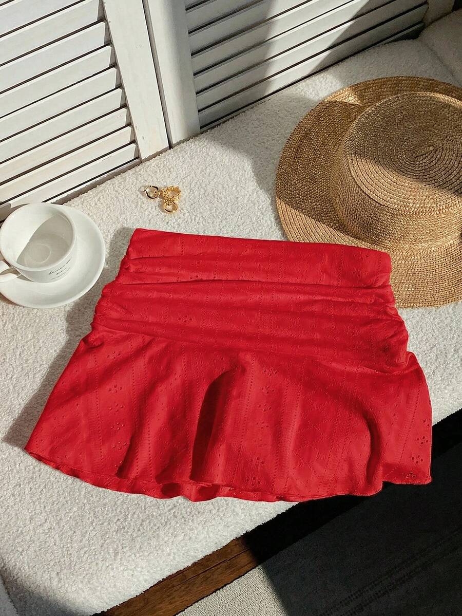 Comfortcana 女士夏季休闲度假通勤红色镂空纹理褶皱A字迷你裙 - 紅色 - 查看 1