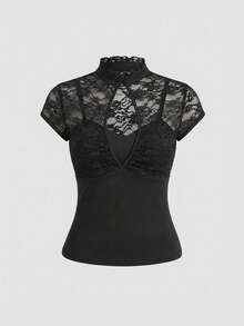 ROMWE Avant 新中式蕾丝拼接修身女式衬衫 - 黑色 - 查看 8