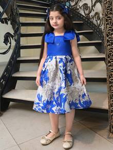 Young Girl Elegant Bow-Knot Jacquard Fabric Mid-Length Dress Young Girl - Multicolor - View 5