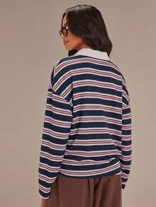 Athîral 女士休闲条纹衬衫，领子拼接长袖，适合春季和情人节穿着 - 寶藍色 - 查看 5