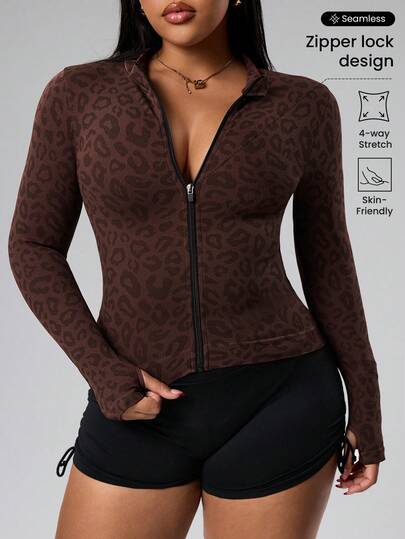 Rhythm Era Plus Size Women Seamless Leopard Print Zip-Up Long Sleeve Jacket Zip Up Workout Jacket Curvy Workout Top Zipper Front Long Torso Brown Workout Top
