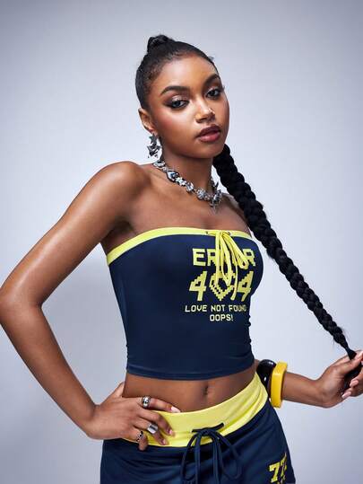 Shutterstock Y2Kool Top corto ajustado sin tirantes con estampado de letras y color contrastante, estilo sexy y de streetwear Y2K, apto para otoño, invierno, primavera y verano