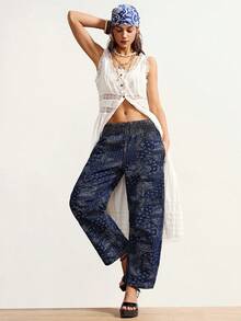 Bohemela Women's Low-Rise Paisley Print Jeans,Navy Blue Floral,Summer,Boho,Vacation Cinched Waist Loose-Fitting Carrot Skinny Jeans,Fashionable Y2K Dark Blue - Dark Wash - View 5
