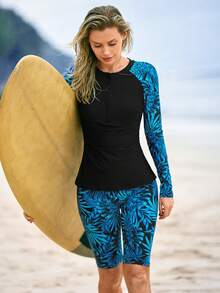Swim SPRTY New Tropical Plant Print Long Sleeve Rash Guard Swimsuit, 2 Pieces Surfing Set, Blue & Black - Multicolor - View 1