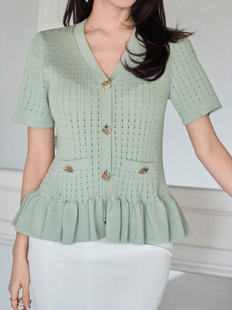 Women's Elegant Solid Color Ruffle Trim Faux Pocket Thin Cardigan, Summer