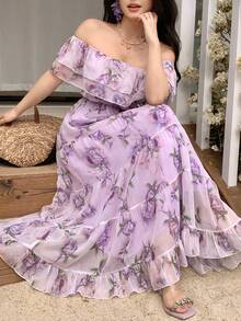 DAZY Women's Elegant Floral Ruffle Hem Strapless Mid-Length Dress, Summer Wedding Guest Dress - Purple - View 3