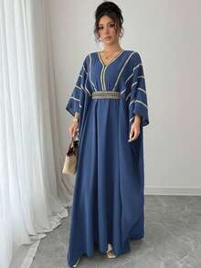 Rafferiza Womens Lake Blue Modest Long Dress With Flared Hem, Batwing Sleeve V Neck And Striped Tape Details, Woven Maxi Gown - Lake Blue - View 3