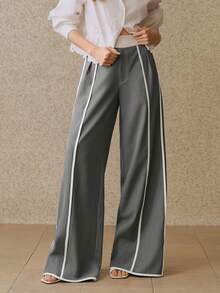 Anewsta 春秋季高腰灰白撞色弹力腰显瘦直筒裤（女款） - 灰色 - 查看 5