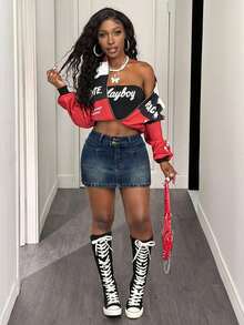 Slaydiva 女士纯色简约休闲牛仔裙 - 深色水洗藍 - 查看 7