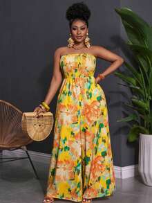 Slaydiva Bộ jumpsuit ống rộng dáng ôm họa tiết hoa, chất liệu vải dệt in kỹ thuật số, dành cho kỳ nghỉ biển mùa xuân/hè 2025, cỡ lớn, dành cho nữ. - Màu vàng - Xem 4