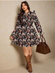 SHEIN Elaquor 度假风休闲加大码女式碎花荷叶领长袖休闲连衣裙，花卉/情人节春夏风格。 - 彩色 - 查看 5
