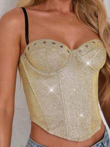 Glamine 性感亮面拼接文胸罩杯镂空钢圈鱼骨下摆弧形肩带女士背心 - 香檳色 - 查看 3