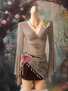 EgrlEra Women's Sexy Mesh Embroidered Deep V Sensual T-Shirt - Khaki - View 1