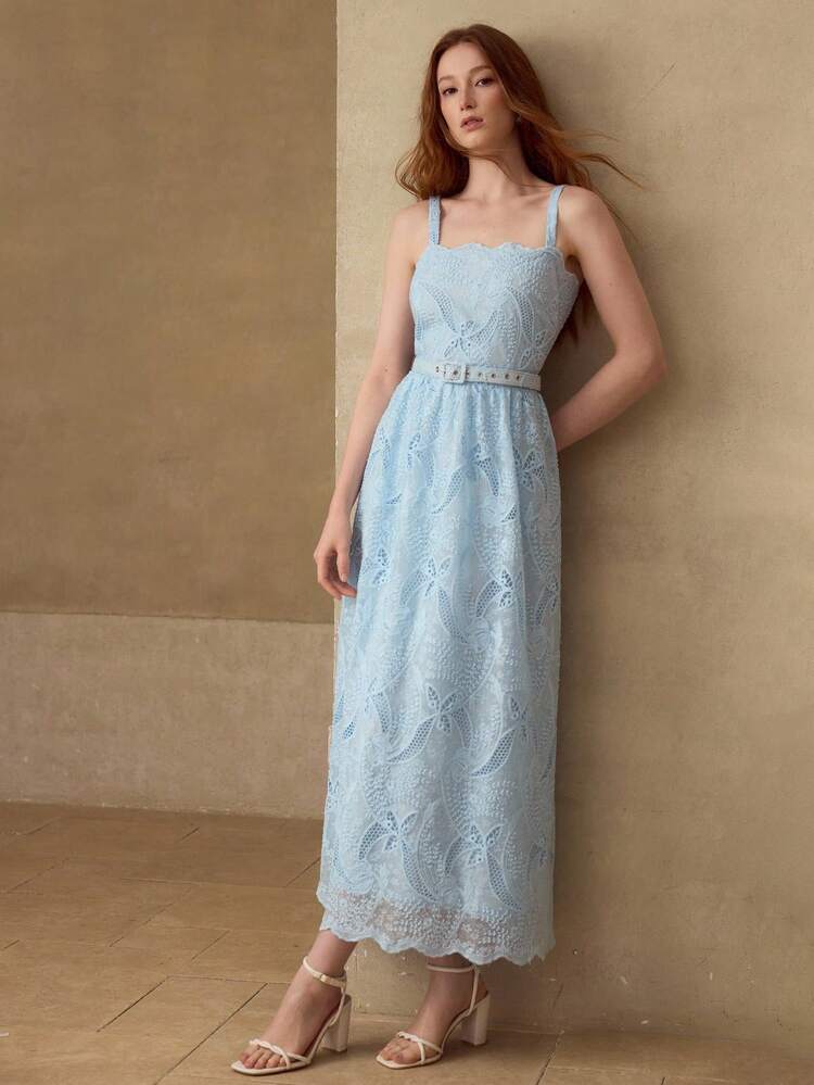 ROBE À BRETELLES SPAGHETTI EN TISSU BRODÉ ÉLÉGANTE ET ROMANTIQUE POUR FEMMES, PRINTEMPS/ÉTÉ
