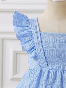 SHEIN Elladie kids 女嬰淺藍色夏季可愛生日純色細肩帶荷葉邊A字版型洋裝，適合外出、日常與海邊玩樂 - 藍色 - 查看 7