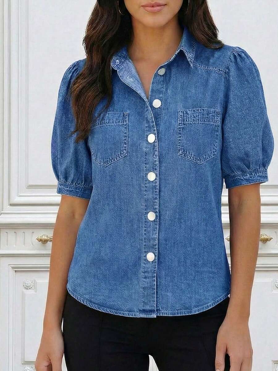 EMERY ROSE Women's Turndown Collar Single-Breasted Pocket Casual Versatile Everyday Denim Jacket - Blue - View 1