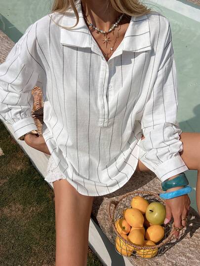 DAZY Women's Turndown Collar Striped Half-Placket Loose Long Sleeve Casual Shirt, Suitable For School Uniform And Everyday Wear
