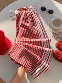 Comfortcana Women's Drawstring Waist Side Striped Plaid Wide Leg Loose Pants - Red - View 1