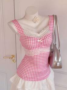 Comfortcana Women's Sweet Plaid Contrast Lace Ruched Bust Ruffle Hem Camisole Top, Summer For Women - Pink - View 5
