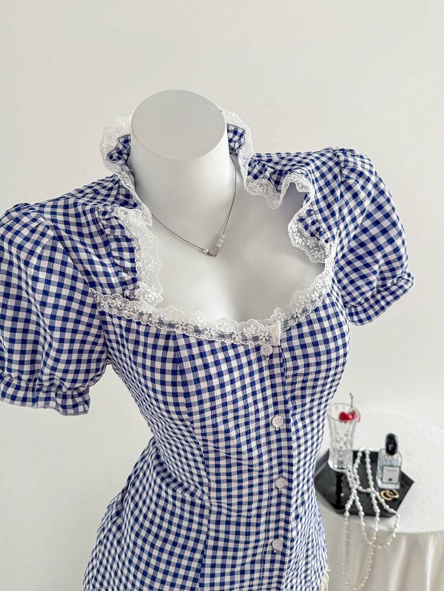 Elamini 法式复古方领泡泡袖格子短袖新款性感修身夏季女式衬衫 - 藍色 - 查看 1