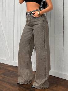 SHEIN Cottnline Women's Solid Color Slant Pocket Casual Versatile Wide Leg Jeans - Dark Wash - View 5