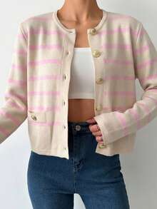 EURMUSE Striped Pattern Button Front Cardigan - Multicolor - View 3