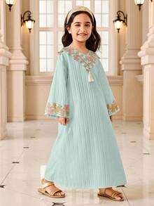 SHEIN Young Girls' V-Neck Textured Fabric Colorful Ruffle Trim Dress, Fashionable Suitable For - Green - View 3