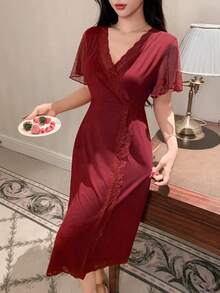 DAZY Knit Patchwork Polka Dot Mesh Lace Patchwork Waist V-Neck Women's Loungewear Dress - Burgundy - View 4