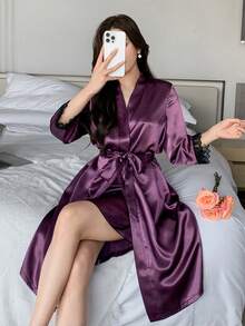 DAZY 2pcs Women Lace Patchwork Sleeveless Slip Dress & Loose Long Sleeve Robe Pajama Set - Purple - View 6
