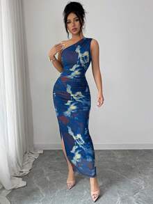 Selianne Women's Luxury Evening Dress, Tie-Dye Print Asymmetric Neckline Sleeveless Sexy Dress - Lake Blue - View 4