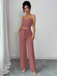 Elenzga petite 女款休閒純色高腰吊帶背心與寬腿褲套裝，優雅兩件式套裝，適合嬌小女性 - 玫瑰紅 - 查看 3