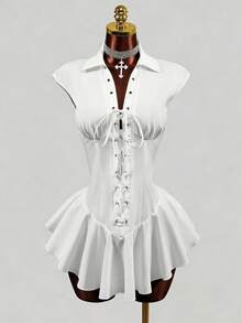Mistrie Robe courte pour femmes de couleur unie avec manches courtes et cordon de serrage - Blanc - Voir 7