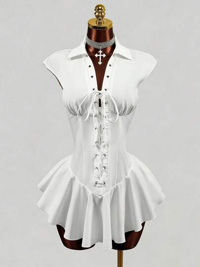 Mistrie Women's Solid Color Drawstring Capped Sleeve Short Dress