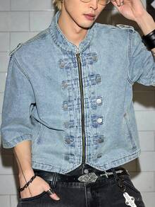 ROMWE MEN Grunge Punk Áo sơ mi denim tay ngắn kiểu cổ điển thời Trung cổ dành cho nam - trắng - Xem 1