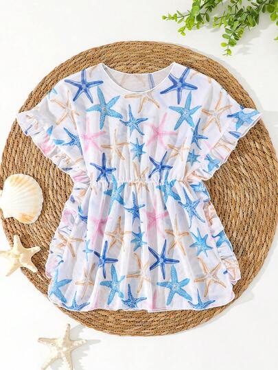SHEIN Vestido de playa con volantes y estampado aleatorio de estrella de mar para niñas pequeñas