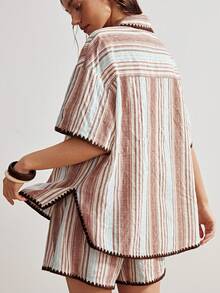 Bohemela 女士休闲条纹宽松短袖衬衫 - 彩色 - 查看 8