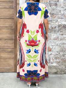 EMERY ROSE Plus Size Women's Printed Round Neck Short Sleeve Dress, Elegant And Suitable For Everyday Wear - Multicolor - View 2