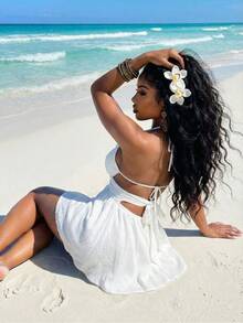 Slaydiva 夏季时尚基础款，百搭休闲又不失优雅，适合度假、旅行、海滩、海边、泳池、游艇、日光浴等场合，可爱甜美，休闲又不失优雅，露背蕾丝拼接镂空A字伞裙白色绉纱女士短裙 - Z - 白色 - 查看 3