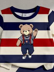 SHEIN Playful Pals 2件套男婴/中性婴幼儿0-3岁休闲时尚撞色红蓝条纹小熊图案圆领短袖T恤和短裤套装，适合春夏日常、户外、居家穿着，百搭时尚 - 彩色 - 查看 5