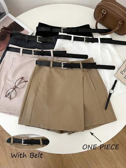 Franclia 韩式百搭不规则高腰显瘦套装短裤/半裙，配腰带；优雅女士短裤；女士春夏短裤；夏季；女士紧身短裤；女士超短短裤