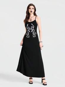Breakform Đầm dài ôm sát người kiểu Gothic gợi cảm dành cho nữ, dây đeo mảnh có thể điều chỉnh, màu trơn, chất liệu vải dệt kim in họa tiết da rắn. - màu đen - Xem 3